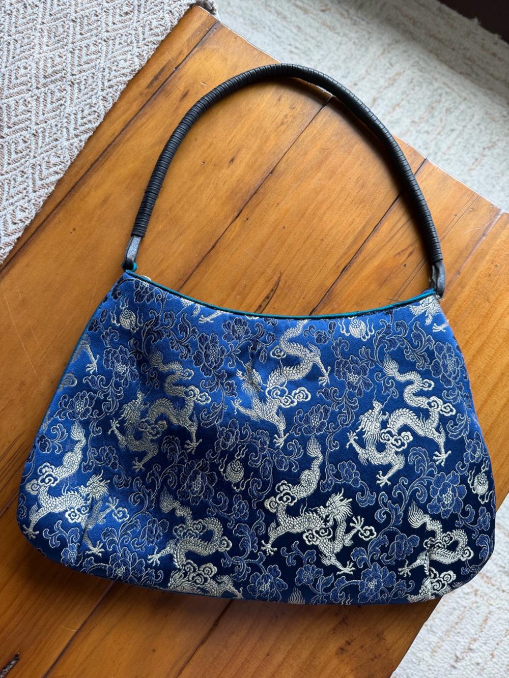 Vintage Asian Brocade Dragon Handbag Blue & Silver Chinese Style Shoulder Bag
